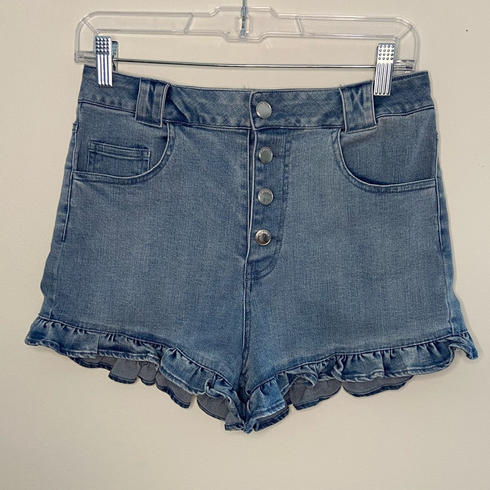 High-waisted Ruffle-hem denim shorts, light blue